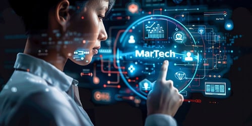 Businesswoman interacting with virtual MarTech interface, building a tech stack for modern marketing infrastructure.