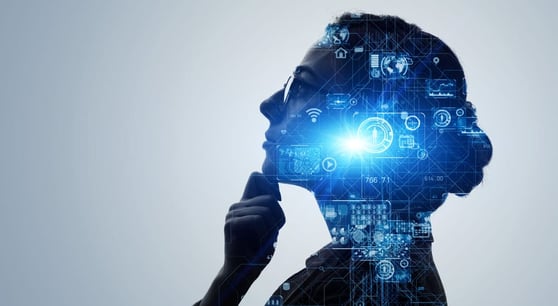 Woman staring to the left, hand to her chin, with blue icons floating over her outline.